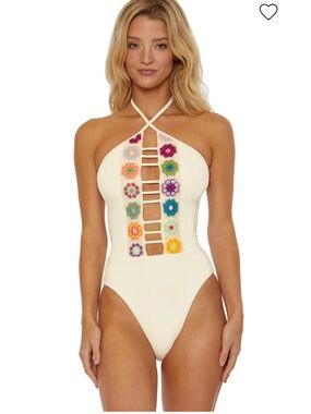 ISABELLA ROSE   ! Cream Halter One-Piece Swimsuit with  Crochet Front! NWT! L